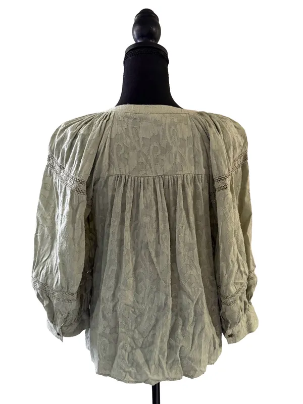 Anthropologie Womens Medium Green Textured Cotton Lace Boho Peasant Blouse Top - Image 3