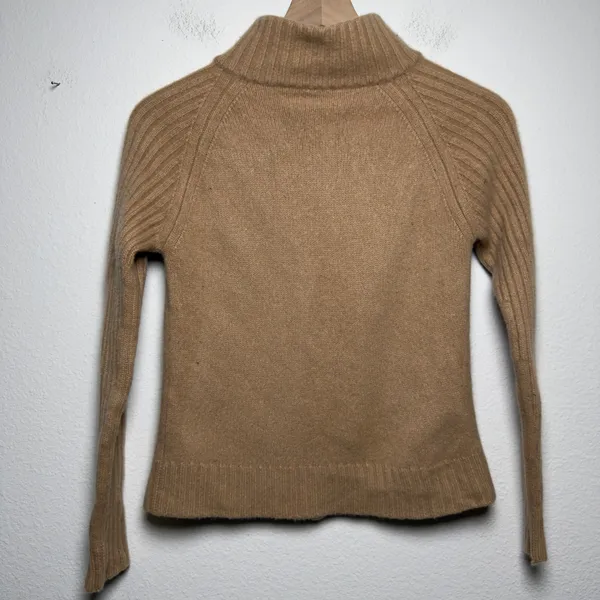 Nordstrom Women 100% Cashmere Zip Up Sweater XS Tan Ribbed Mock Neck Luxury - Image 8