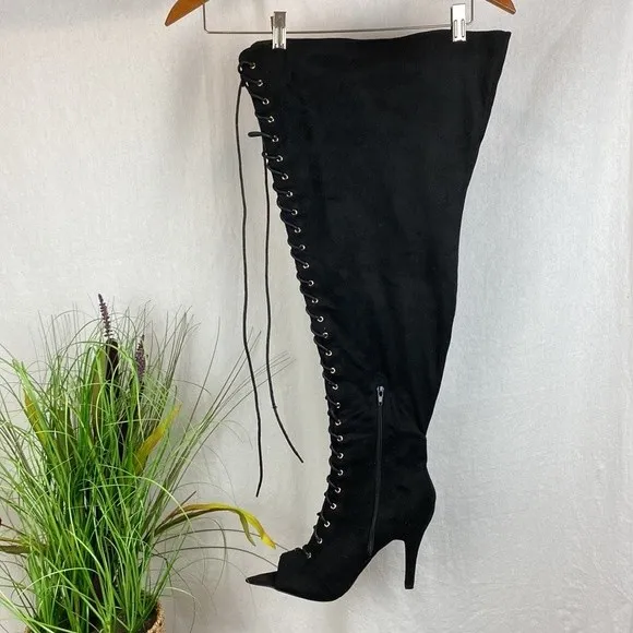 FTF Nadia Black Faux Suede Lace Up Thigh High Heel Boots 11 Wide - Image 2