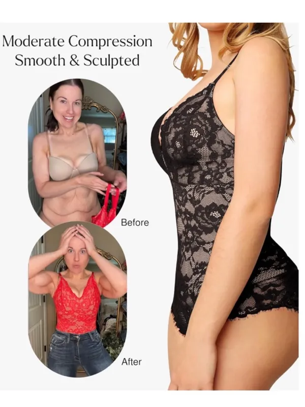 NWT Popilush Tummy Control Lace V-Neck Shapewear Slimming Bodysuit Black Size L - Image 3