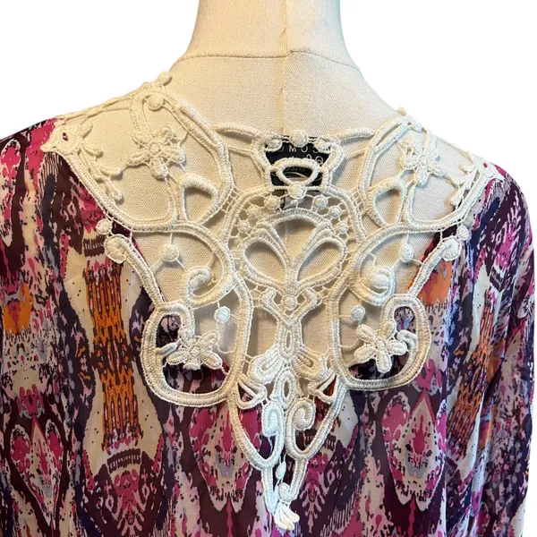 COMO Vintage Top Blouse Tunic SZ L Multicolor Sheer Crochet Bell Sleeves Boho - Image 5