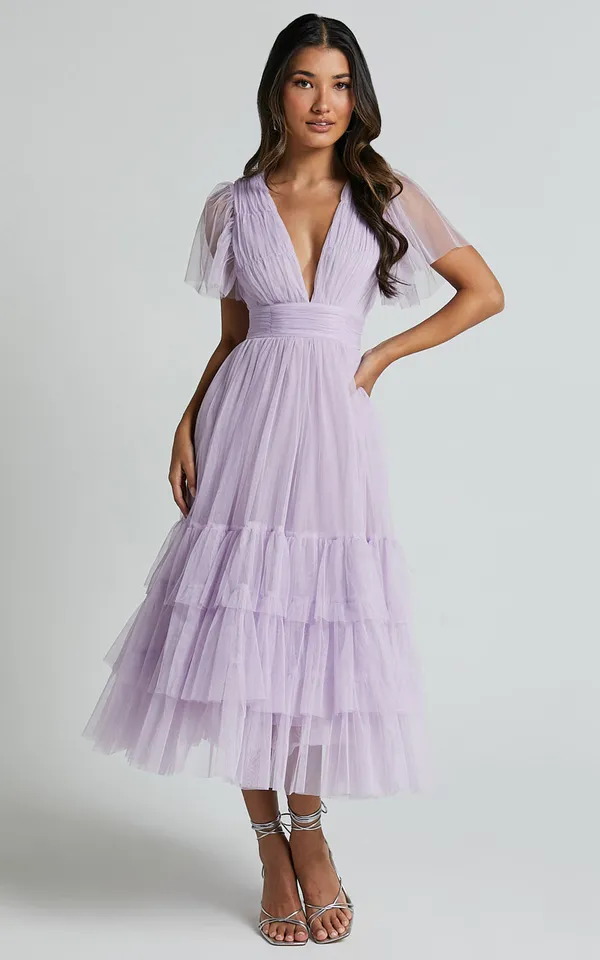 New Showpo Jiraye Midi Dress Flutter Sleeve Tuelle Plunge Dress Size Large - Image 4