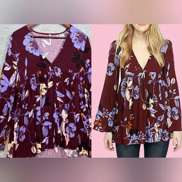 Free People Bella Tunic Purple Long Sleeve Boho‎ Blouse Womens Size XS - Image 2