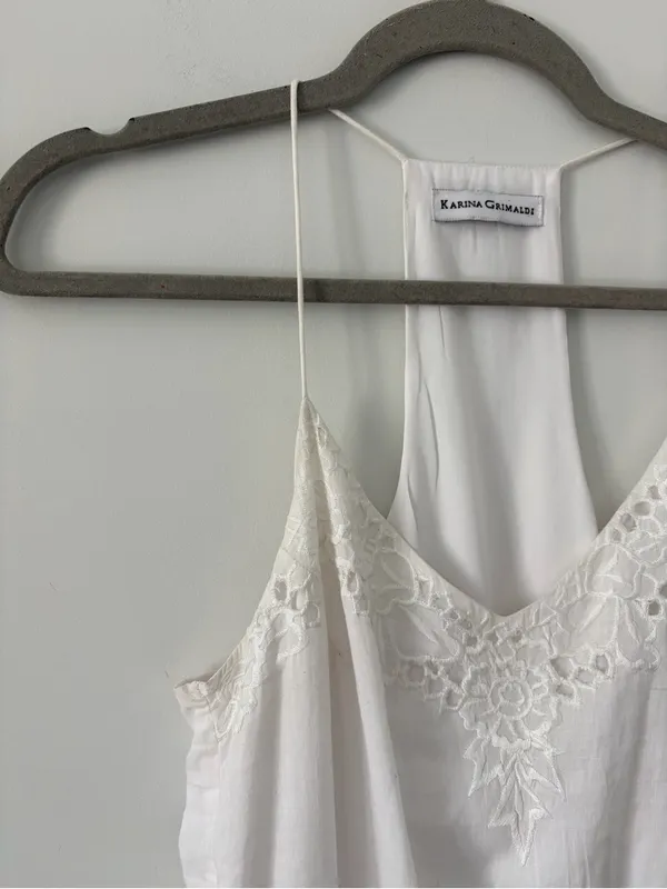 Karina Grimaldi Lucia White Eyelet Sleeveless Tiered Ruffle Skirt Mini Dress S - Image 3