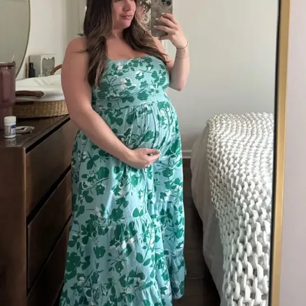 Seraphine Teal Floral Midi Maternity Nap Dress SMALL Nap Smocked Cottage $80 - Image 3