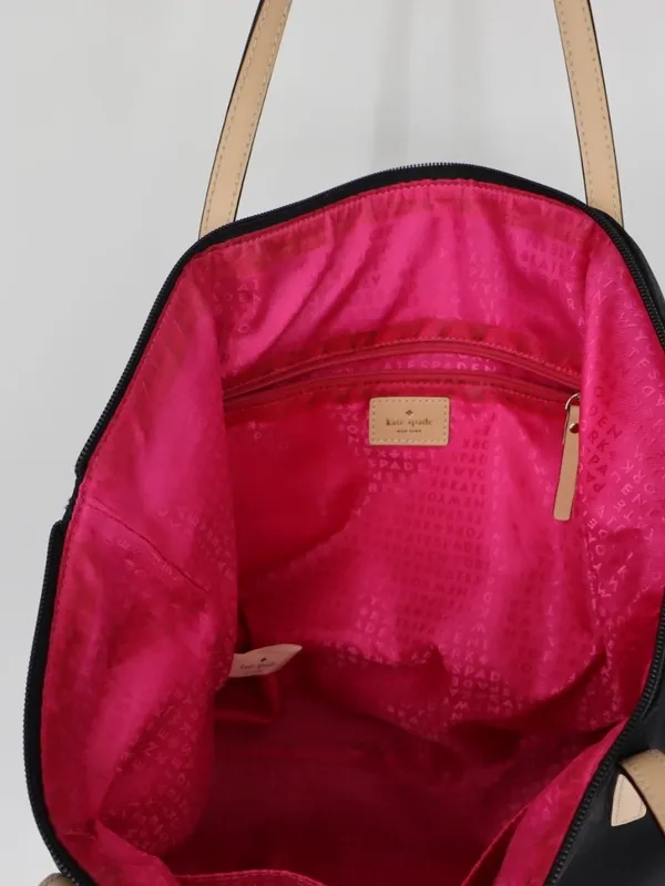 Kate Spade New York Black Nylon Tote Pink Lining Tan Leather Handles Work Bag - Image 8