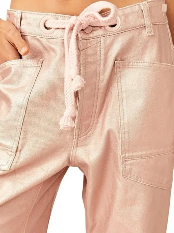 NWT We The Free People Moxie in Bubblegum Pink Metallic Barrel Jeans 27 - Image 3
