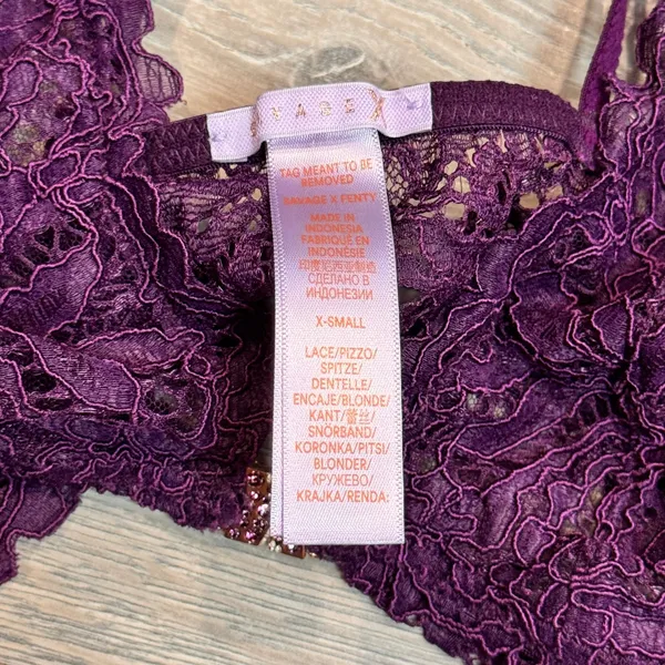 Savage X Fenty Lace Bralette Bra Purple XSmall Adjustable Straps Rhinestone Logo - Image 5