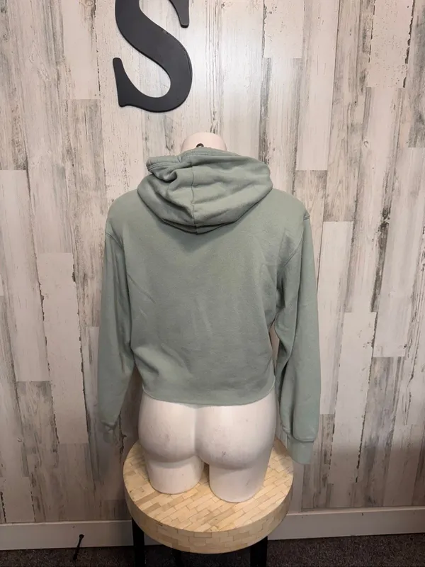 Hollister Embroidered Daisy Raw Hem Cropped Hoodie Womens Small Sage Green - Image 3