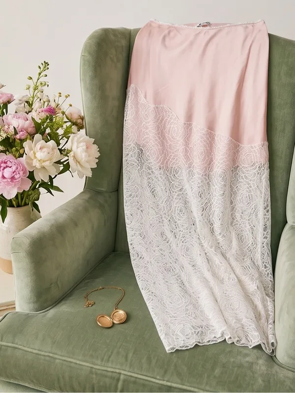 Free People Intimately Pink Lace Satin Midi Skirt Slip NWT Medium - Image 4
