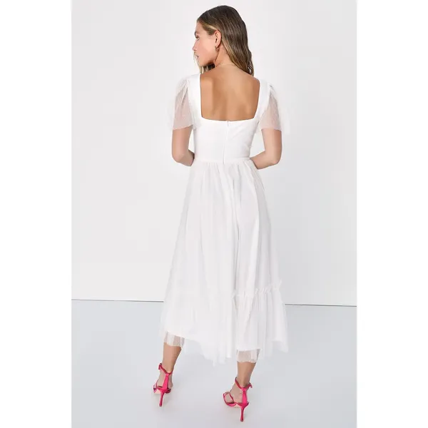 NWT Lulus Dreamy Celebration Sheer Tulle Bustier Swiss Dot Midi Dress S White - Image 5