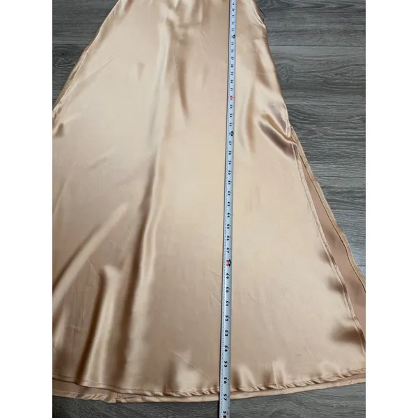 Lulus Maxi Dress S Champagne Satin Mock Neck Sleeveless Side Slit Rose Gold Prom - Image 10