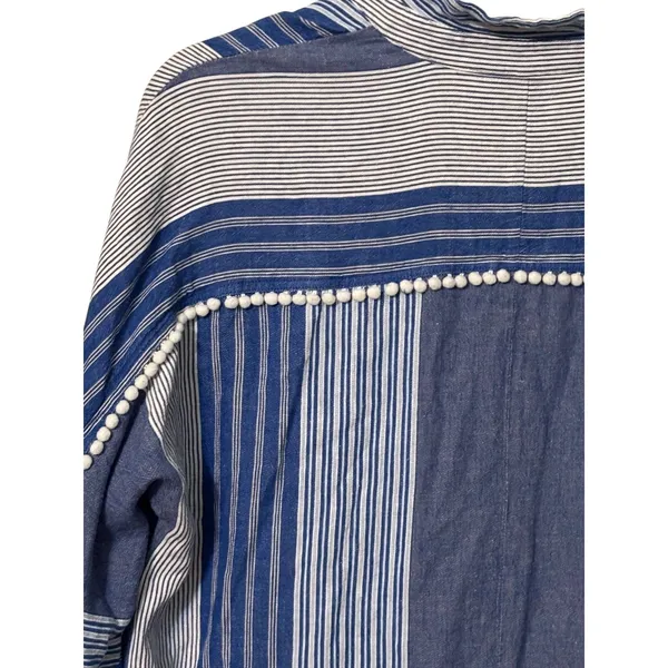 NIC+ZOE Linen Blend Striped Tunic Top Mini Dress Large Blue White Pom Trim - Image 5