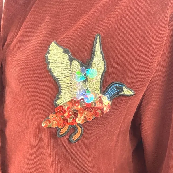 Beymen Club Red Maroon Corduroy Sequin Embroidered Duck Button Up Shirt Size XS - Image 4
