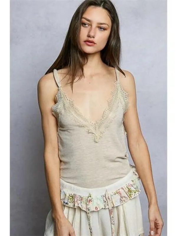 POL Lace Detail‎ V-Neck Ribbed Cami - Image 2