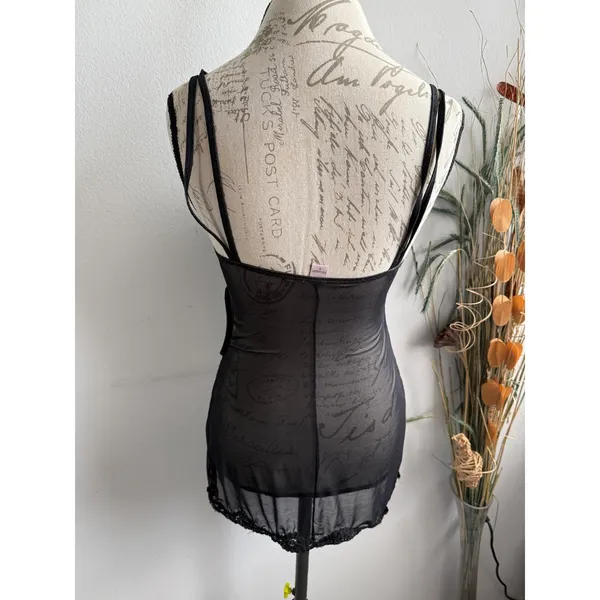 Victorias Secret Black‎ Sheer Mesh Script Print Chemise Side Cut Out Lace Trim S - Image 2