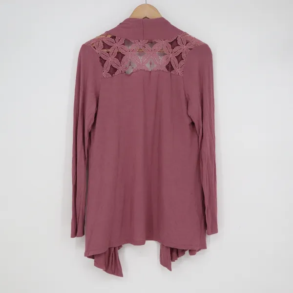 Always Indigo Mauve Lace Back Open Front Draped Cardigan Womens Large - Image 6