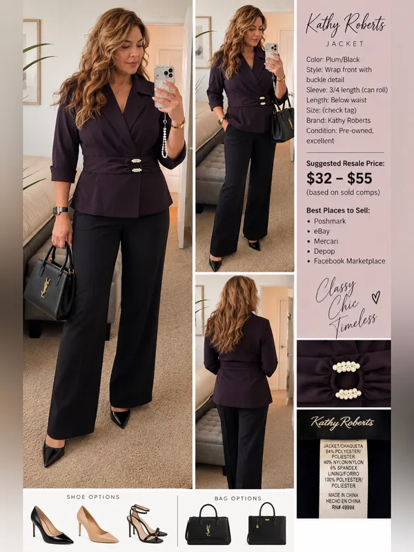 Kathy Roberts Plum Wrap Jacket with Pearl Buckle Purple Size 16 - Image 2