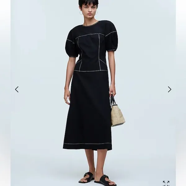 NWT‎ Madewell Puff-Sleeve Drop-Waist Midi Dress Lightweight Cotton Black NQ890 - Image 2