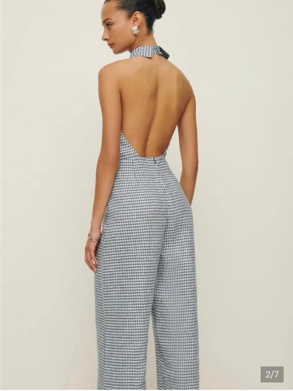 Reformation Ryan Linen Jumpsuit Sz 8 Gingham Causal Spring/Summer Halter Neck S - Image 4