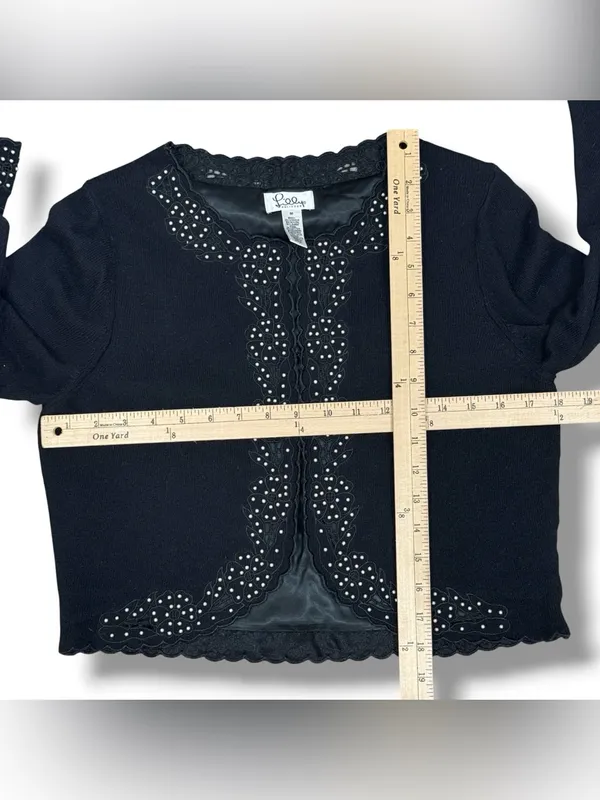 Vintage Lilly Pulitzer Embroidered Pearl Bead Crop Cardigan Sweater Black Medium - Image 9