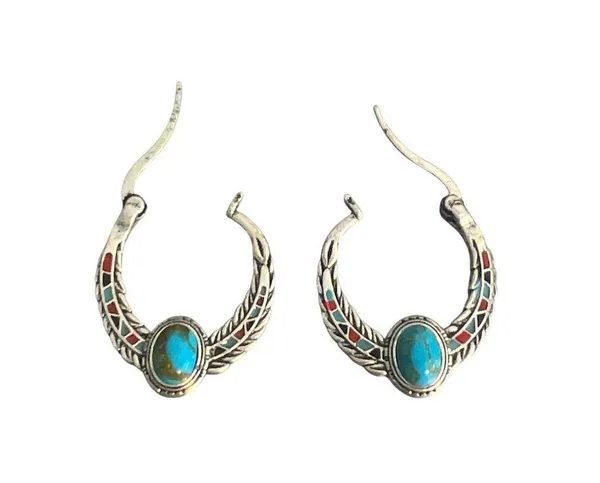 Vintage Silver Tone Hoop Earrings Faux Turquoise Enamel Southwestern Estate 1" - Image 4