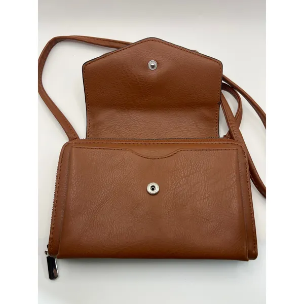 Brown Leather Crossbody Wallet Bag Snap Closure Organizer Purse - Image 3