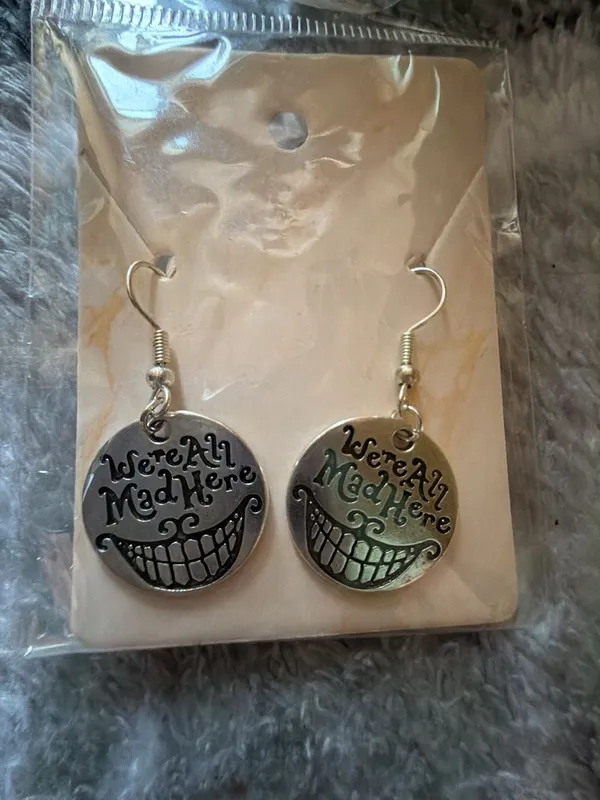 Alice in Wonderland Cheshire Cat 'We're All Mad Here' Dangle Earrings - Gold and - Image 3