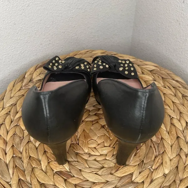 RED VALENTINO Heels Black Leather Peep Toe Pumps Gold Studded Bow Heeled Shoes - Image 7