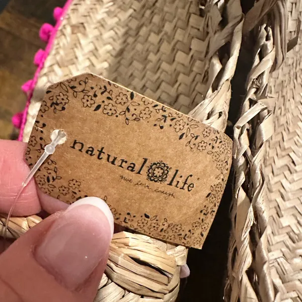 Natural Life Wicker Straw Sequined Pink Pom Pom Tote Beach Coquette Basket Bag - Image 6