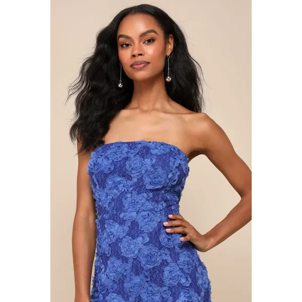 NWT Lulus Flawless Perfection Blue Floral Applique Strapless Midi Dress Gala L - Image 7