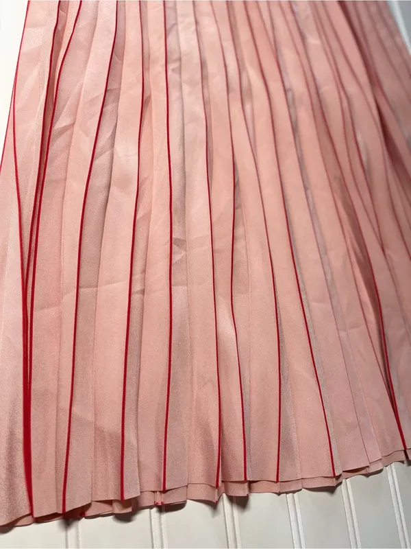 Stradivarius Pink Red Colorblock Pleated Midi Skirt Womens Large Accordion Lined - Image 3