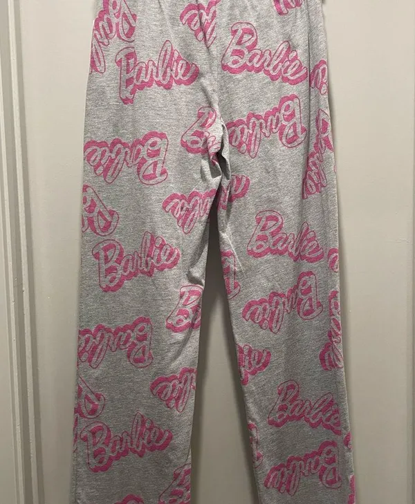NWT Grey & Pink Barbie Logo Graphic Printed PJ Pajama Bottoms Lounge Pants - S - Image 8