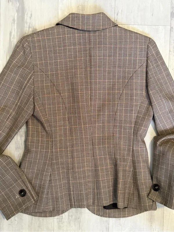 Pink Tartan Plaid Tailored Blazer in Brown and Gray - Image 6