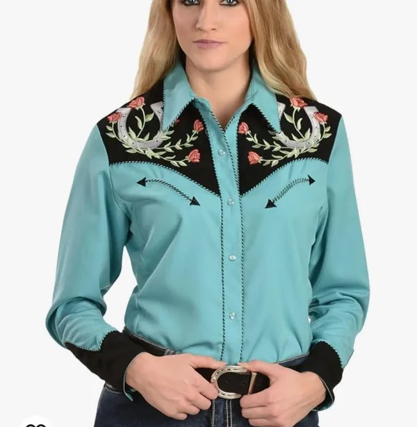 Scully Western Wear Horseshoe And Rose Embroidered Pearl Snap Shirt - Image 5