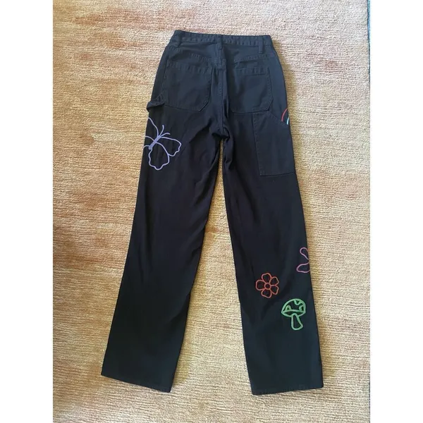 PacSun 90s BF Women’s Carpenter Pants Black Psychedelic Embroidered Y2K Size 26 - Image 8