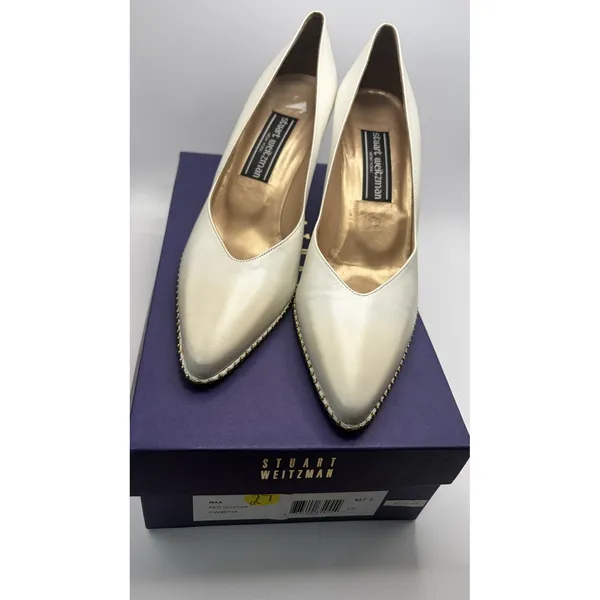 Stuart Weitzman Off White Leather Studded Pointed Toe Pumps Heels Size 7.5 - Image 8