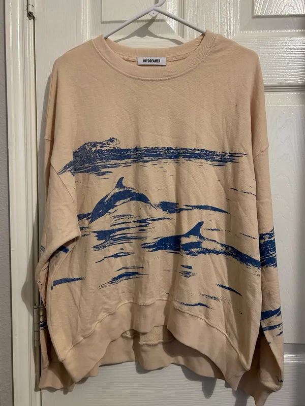 Daydreamer Free people Cream Dolphin-Print Crewneck Sweater oversized Large - Image 3
