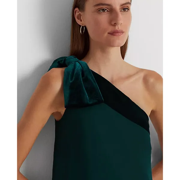 Lauren Ralph Lauren Chiffon One Shoulder Bow Velvet Dress Green Party US 6 NWT - Image 4