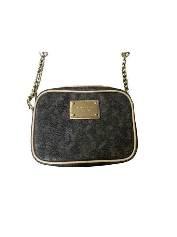 Michael Kors Jet Set Travel Crossbody Bag Brown MK Monogram Small Gold Chain Use - Image 2