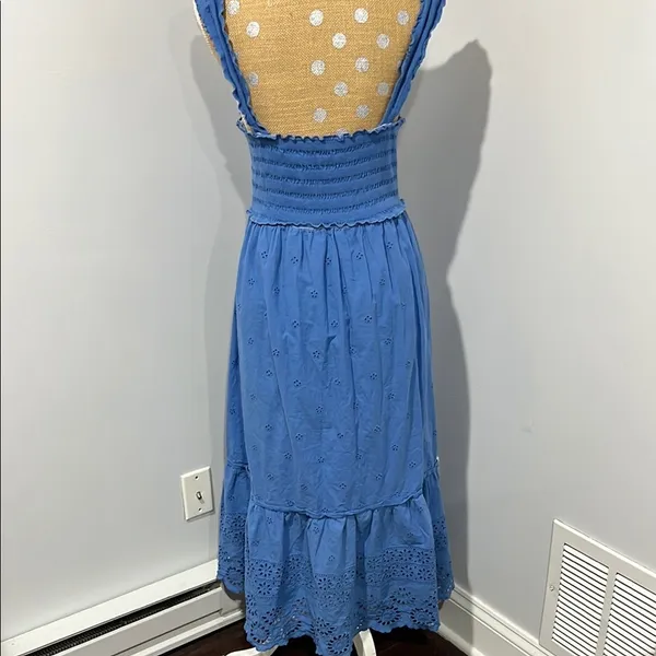 Betsey Johnson Federal Blue Smocked Embroidered Eyelet Midi Dress Sz Large - Image 8
