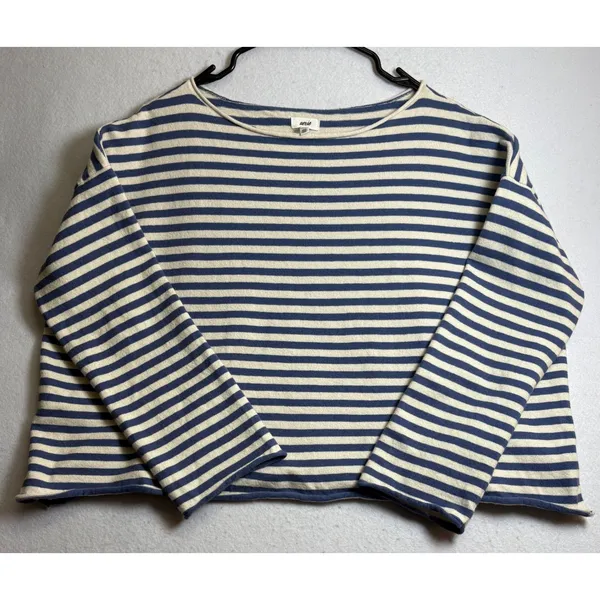 Aerie Women Blue Cream Striped Long Sleeve Boxy Boat Neck Top Size M - Image 3