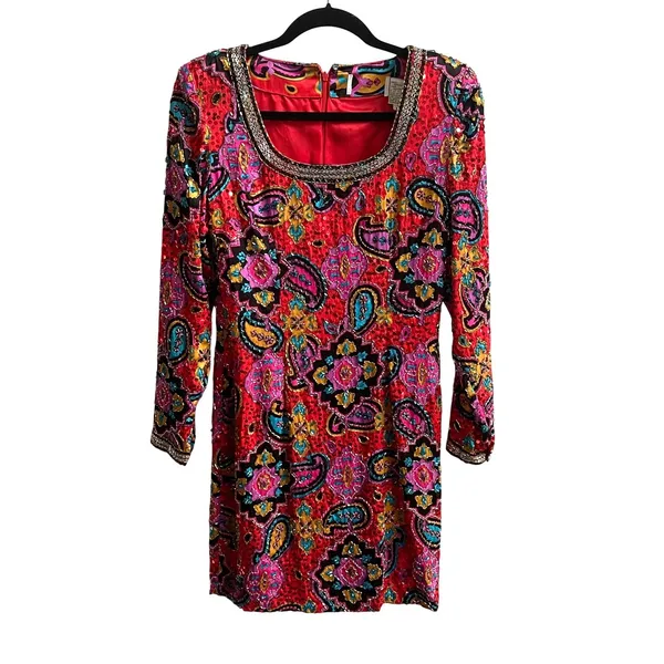 Oleg Cassini Black Tie Vintage Red Paisley beaded sequin Dress SILK AMAZING SZ 6 - Image 2