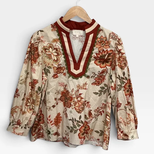 Entro Floral V-Neck Balloon Sleeve Fall Blouse Tan Orange Red Small - Image 6