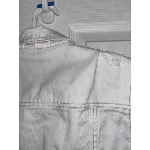Free People White Distressed Denim Jacket Knit Sleeves Indie Sleaze Crop M - Image 6