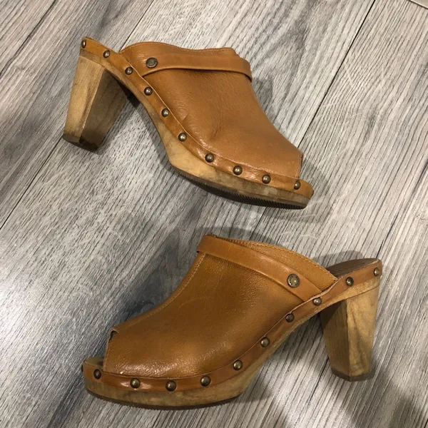 Sanita Leather Studded Wooden Heel Peep Open Toe Brown Heeled Clog Mules 39/8.5 - Image 2