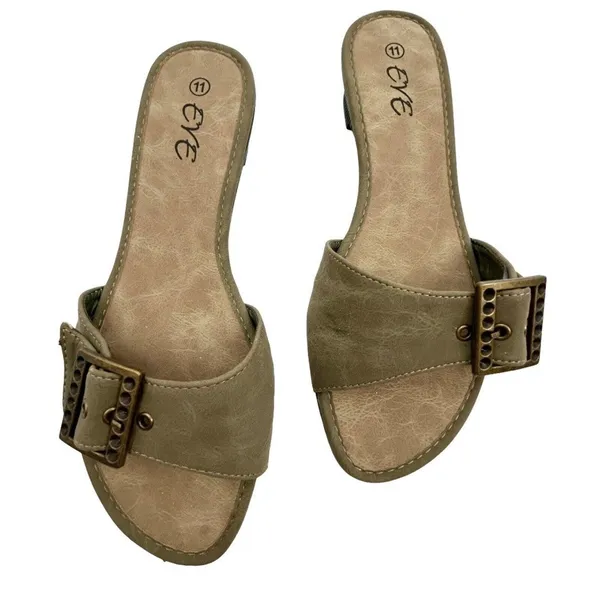 Eve Buckle Sandal Slides Low Heel Khaki Color Size 11 - Image 2