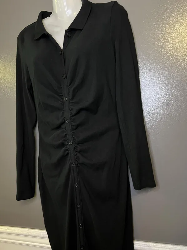 Zara Shirt Dress Womens Large Black Ruched Button Front Collared Knit Midi - Image 5