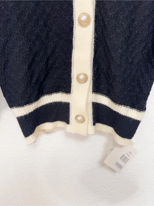 J.ING Black White Contrast Trim Boucle Knit Pearl Button Cardigan Sweater - Image 8