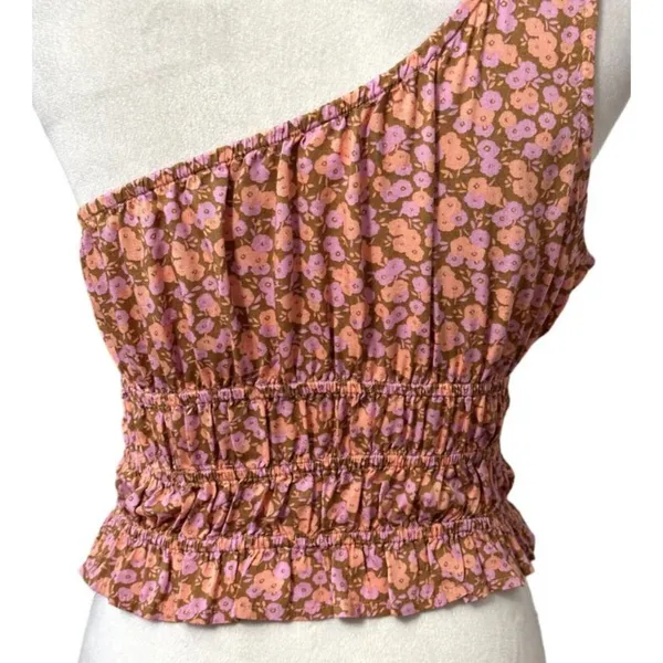 BP Allison One Shoulder Crop Top Floral Pattern Shirred Waist Pink W Small NWOT - Image 7